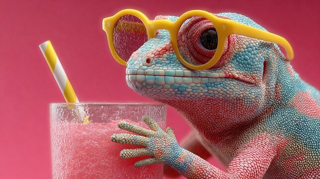 Detailed Cool Chameleon with Glasses Drinking Pink Smoothie Illustration