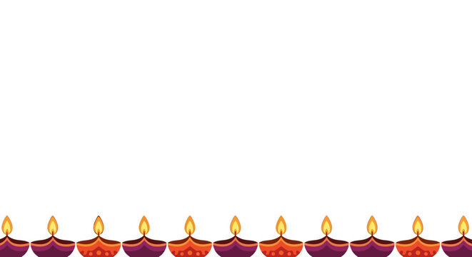 Diwali banner with row of glowing oil lamps on white background, festive Indian diya border with large copy space, minimalist holiday celebration design template