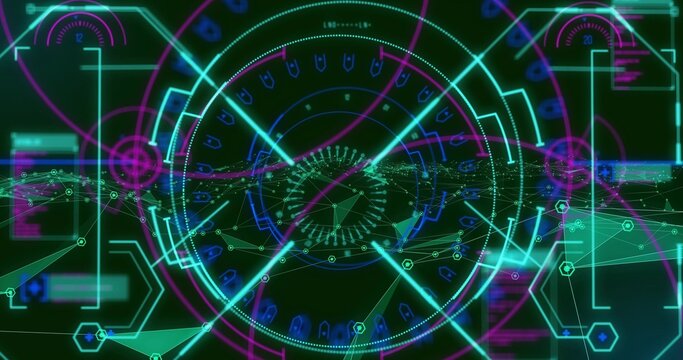 Rotating central HUD reticle pulsing over virtual cockpit dotted rings, with cyan crosshair beams