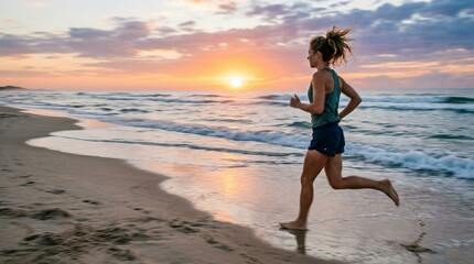 Fototapeta premium Woman jogging on a beach at sunset, running barefoot along the shoreline