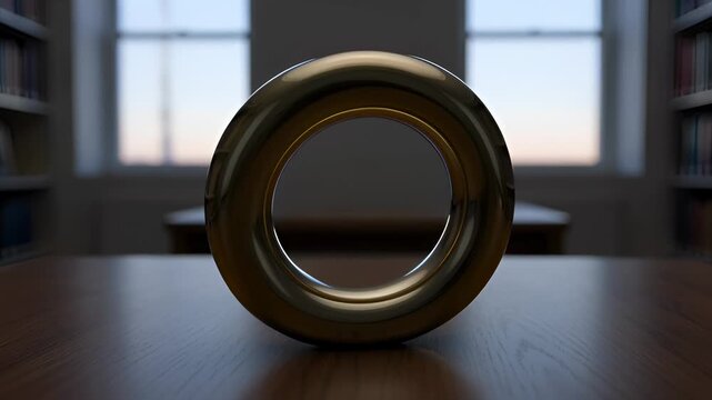 Golden Torus Object Rotating on a Wooden Table in a Library Setting
