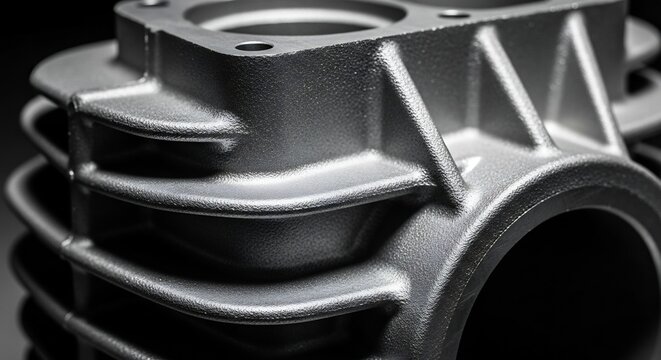 Closeup of a metallic engine cylinder block industrial component detailed view.