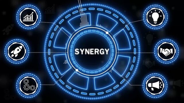 A futuristic representation of synergy business concepts with glowing neon elements.glowing icons on a black background.4k Animation.