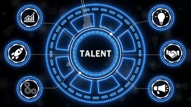 Talent concept and core attributes displayed in modern digital infographic design. glowing icons on a black background.4k Animation.