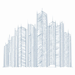 Fototapeta premium Blue line art illustration of a modern city skyline with skyscrapers.