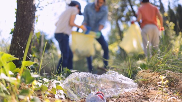 Unrecognizable volunteers collecting plastic waste and trash in a park or forest. Focusing on an abandoned plastic bottle and crushing plastic bag in the foreground
