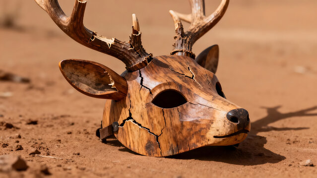 Cracked wooden deer mask with antlers on sandy ground