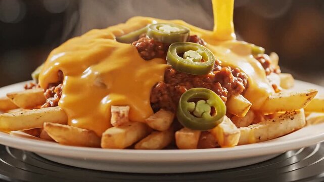  A professional chef adds bacon bits and green onions to a loaded baked potato with melted cheese and sour cream in a warm kitchen setting.
