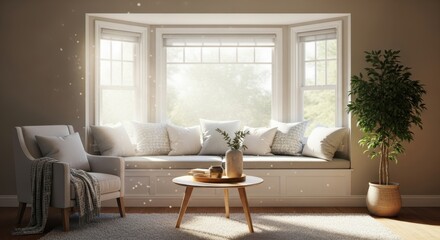 Fototapeta premium Cozy living room interior features a sunlit window seat with comfortable pillows and a wooden coffee table.