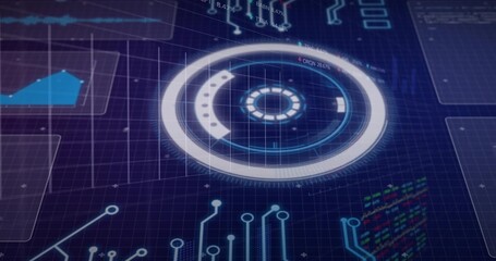 Displaying circular HUD rotating with rings on dark-blue grid with polygon chart and code blocks © vectorfusionart