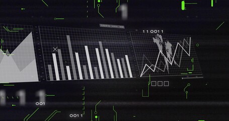 Displaying analytics HUD showing three adjacent charts on dark screen, with neon glyphs © vectorfusionart