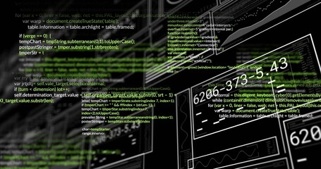 Displaying overlaid source code and UI wireframe panels in workspace with monitors and glitch lines © vectorfusionart