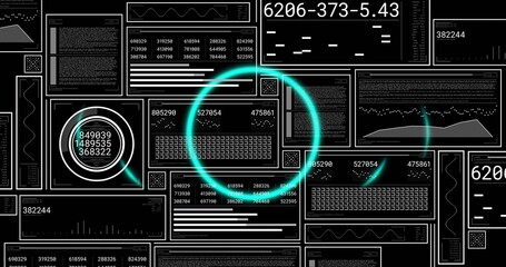 Glowing cyan rings highlighting tiled UI panels on dark display, showing numeric readouts and gauge © vectorfusionart