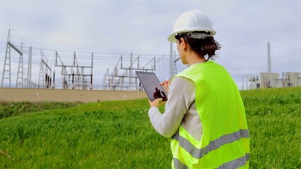 Female engineer observing a power station at a renewable energy facility, utilizing a tablet to manage grid operations and ensuring the sustainability of critical infrastructure © NJF