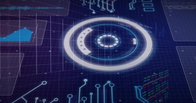 Displaying circular HUD rotating with rings on dark-blue grid with polygon chart and code blocks