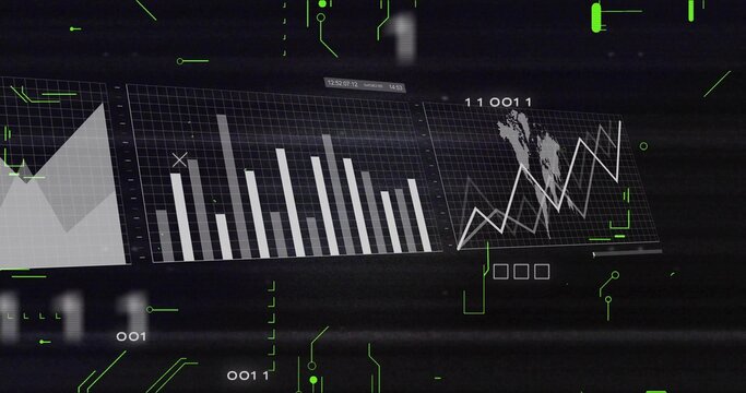 Displaying analytics HUD showing three adjacent charts on dark screen, with neon glyphs