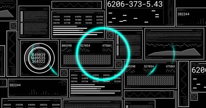 Glowing cyan rings highlighting tiled UI panels on dark display, showing numeric readouts and gauge