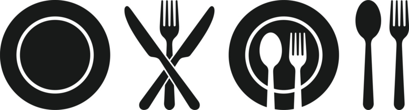 Dining silhouettes, table setting icons, plate vector, fork and knife illustration, spoon design, restaurant graphic, food symbol art, black utensil set