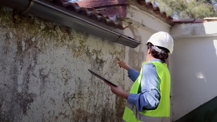 Engineer inspecting exterior house wall for water damage, checking for mold growth and dampness, assessing property structure condition for renovations or repairs © NJF