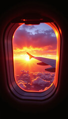 Obraz premium Aerial view of a sunset over clouds seen from an airplane window