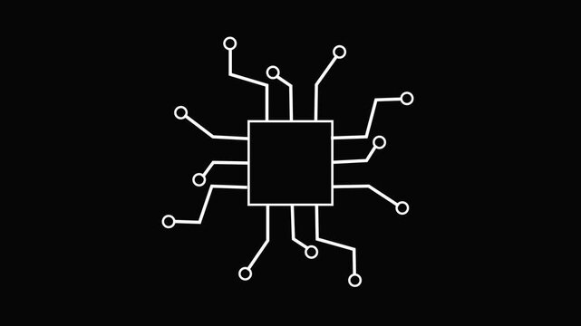 Microchip line animation. Electronic component animated icon. Moving signals, scaling circles. Processor chip. Black illustration on white background. 