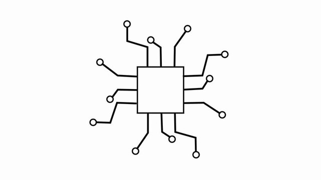 Microchip line animation. Electronic component animated icon. Moving signals, scaling circles. Processor chip. Black illustration on white background. 