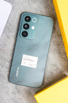 Samut Prakan, Thailand - April 8, 2026 : Realme C85 5G. MediaTek Dimensity 6300. Ultra Bright Display. 7000mAh Titan Battery