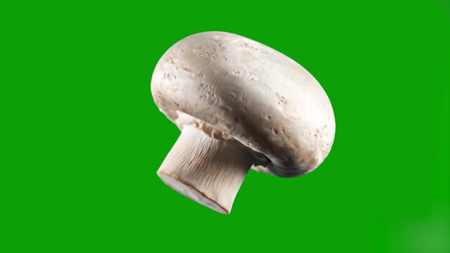 A single, whole white button mushroom (champignon) is shown floating and slowly rotating in the air. This realistic 3D render is set against a solid green background (chroma key green) for easy overla