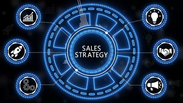 Animated illustration showcasing a dynamic sales strategy concept with relevant icons on black background.4k Animation.