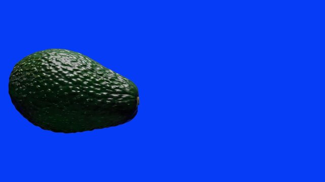 A close-up view of one half of a fresh, green avocado with its smooth, bumpy skin, floating and rotating slowly. The 3D model is set against a clean chroma key blue background for professional editing