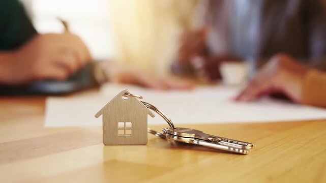 Close-up angle of house keys on a table, with blurred figures in the background, video style