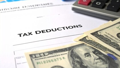 Fototapeta premium Tax Deductions Form with Calculators and Dollar Bills Showing Financial Planning and Accounting Concept