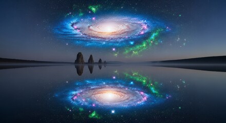 Naklejka premium A cosmic reflection showing a galaxy above water with rock formations in the distance at dusk time