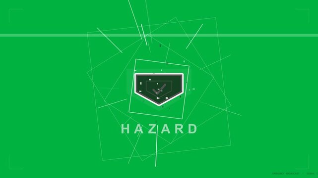 Pixel burst starting badge animating, frames spinning, settling, revealing HAZARD on transparent bg