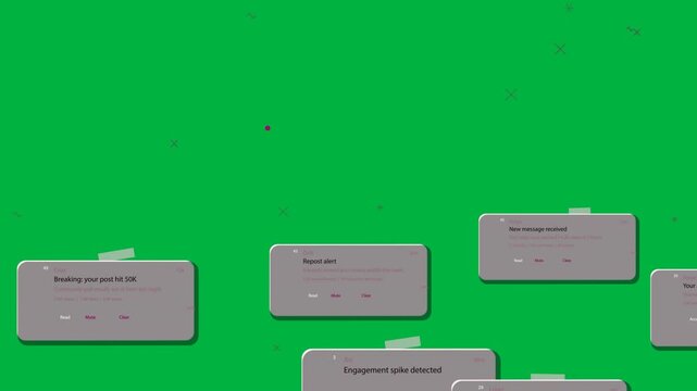 After pause notification cards rising, stacking and sliding off transparent matte, showing alerts