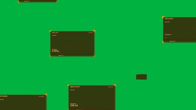 Network HUD forming on transparent bg CELL A7 appearing spawning panels dashed lines showing stats