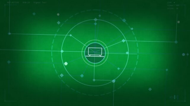 PC appearing rings expanding spokes extending nodes circulating showing network on transparent BG