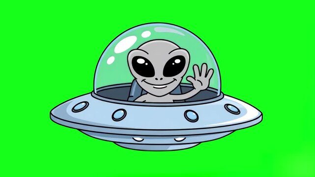 An animated 2D vector cartoon grey alien sitting inside a flying saucer spaceship and waving his hand. The loopable character asset is isolated on a chroma key green screen background.