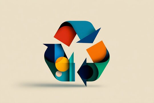 Colorful geometric recycling symbol made of folded paper like shapes on a beige background