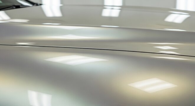 Closeup of a shiny car surface reflecting bright overhead lights showing curves.