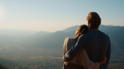 Fototapeta premium Rear view couple embracing looking at mountain landscape during sunset after trekking expressing connection love and shared travel experience. 