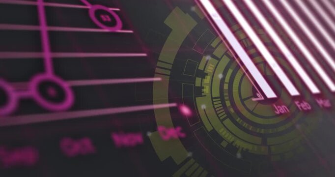 On load HUD rotating while magenta text scrolling, bars sliding, pie emerging revealing dashboard