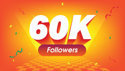3D celebratory graphic featuring the milestone "60K Followers" in bold white typography with a deep red extrusion. The design is set against a dynamic orange-to-yellow gradient background. © Aftab