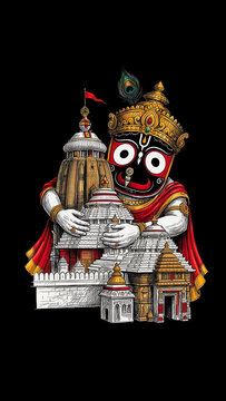 Lord Jagannath, a Hindu deity, depicted holding multiple temple structures in a vibrant illustration on a black background, showcasing traditional Indian religious art.