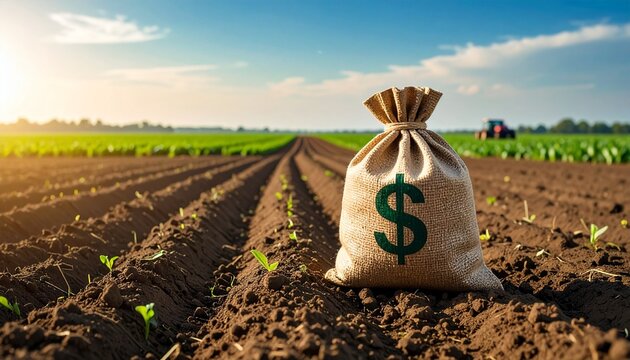 Agricultural Land with Money Bag Showing Farmer Grants Financing Profit and Sustainable Earth Day Concept