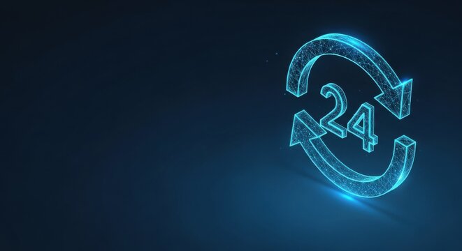 Glowing 24/7 service icon with circular arrows representing continuous business support and constant availability