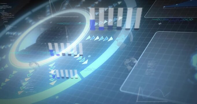 Glowing ring activating HUD, chevrons sweeping, bars rising, panels sliding, displaying analytics