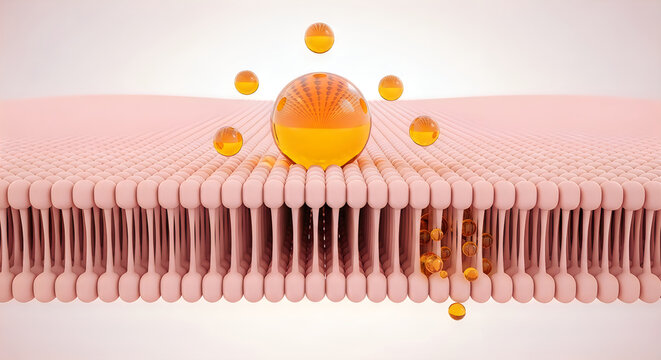 3d illustration of a cell membrane with lipid molecules and orange spheres on a pink surface