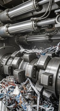 Industrial shredder equipment with hydraulic cylinders and metal scrap being processed.