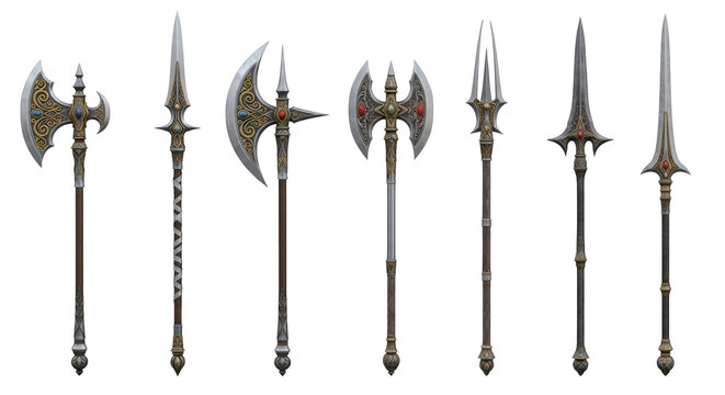 collection of medieval weapons displayed on white background antique axes spears and polearms historical illustrations